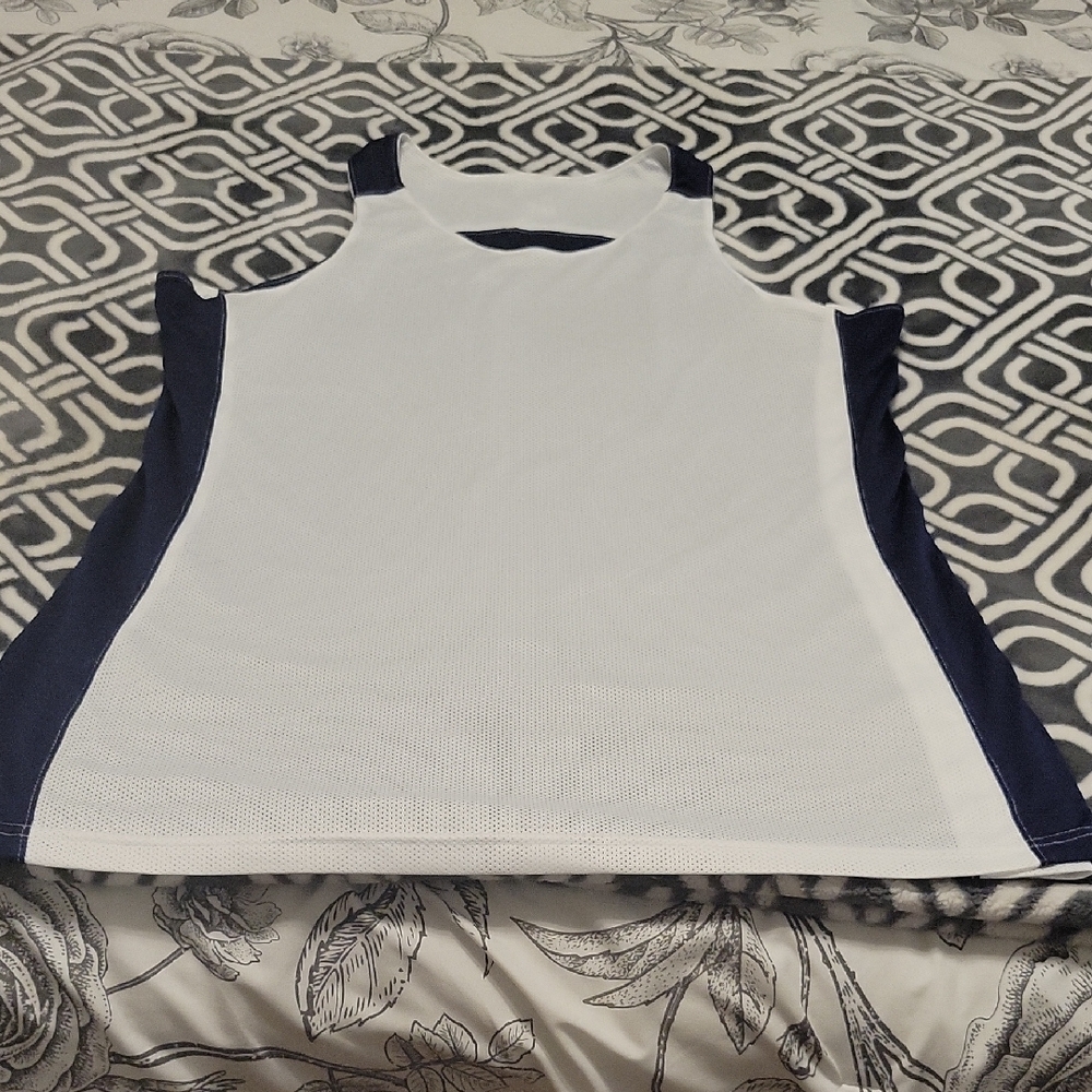 Women's White and Blue Sleeveless Nike Top